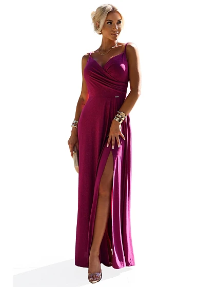 CHIARA Elegantní dlouhé dámské maxi šaty ve fuchsijové barvě s brokátem na ramínkách model 20106506 - numoco