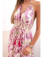 Dámské viskózové šaty na ramínka s hlubokým výstřihem a volánem fialka