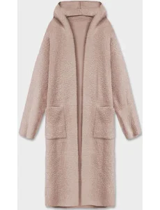Dlhý béžový vlnený prehoz cez oblečenie typu alpaka s kapucňou (M105-1)