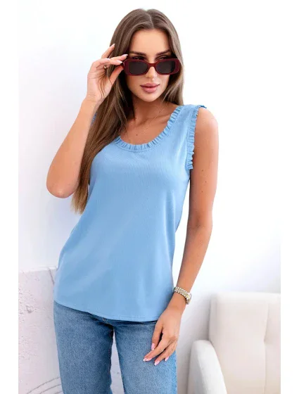 Dámska blúzka z viskózy s volánom vo výstrihu modrá Dámska blúzka z viskózy s volánom vo výstrihu modrá