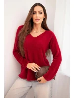Dámsky mäkký pletený sveter s výstrihom do V bordovej farby