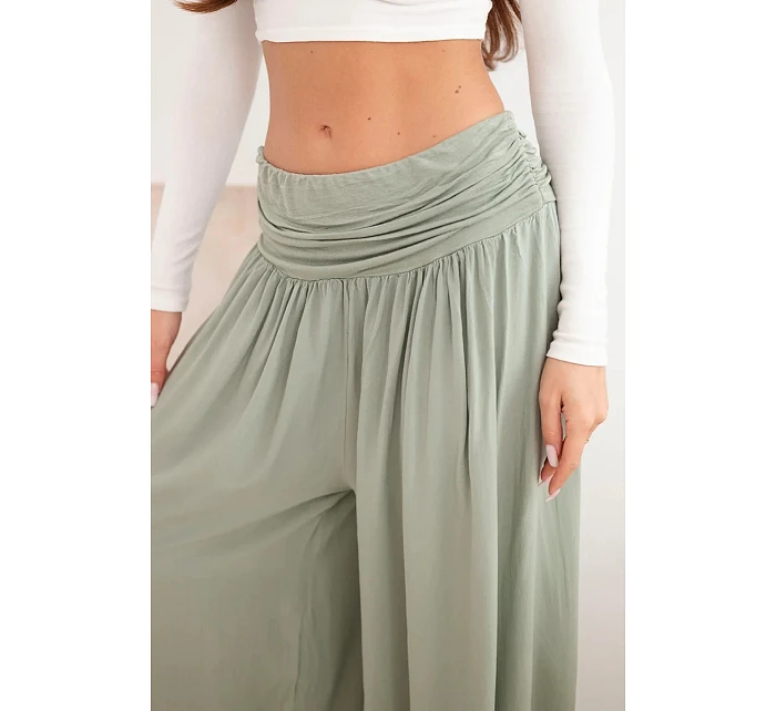 Dámske nohavice z viskózy so širokými nohavicami a khaki pásom