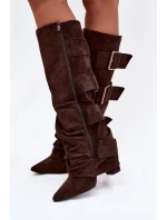 Dámské kozačky na podpatku s ohnutým horním lemem a zlatými sponami Eco semiš čokoládové Isavelle