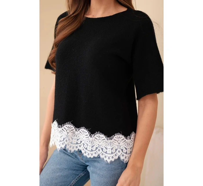Svetr dámský s krátkým rukávem a krajkou černý Svetr dámský s krátkým rukávem a krajkou černý