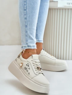 Skórzane Sneakersy Damskie Na Platformie Z Przypinkami I Napisem Vinceza 89102 Beżowe
