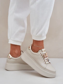 Dámské Kožené Tenisky Na Platformě S Ozdobami model 21683822 Světle Béžové - CheBello