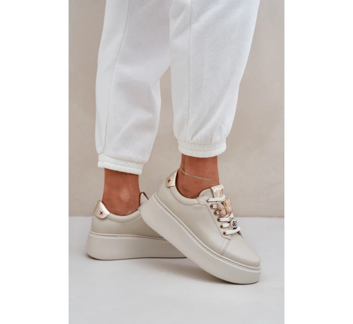 Damskie Skórzane Sneakersy Na Platformie Z Ozdobami CheBello 4292 Jasnobeżowe