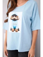 Dámska bavlnená blúzka oversize s krátkymi rukávmi a modrou potlačou