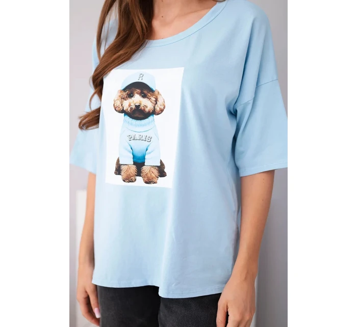 Dámska bavlnená blúzka oversize s krátkymi rukávmi a modrou potlačou