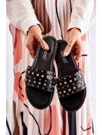 Damskie Skórzane Klapki Z Ozdobą Czarne Brien