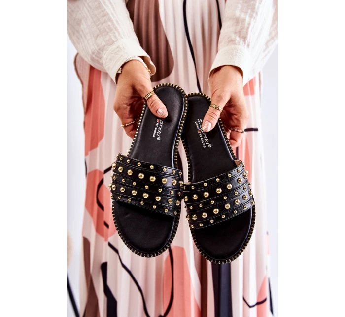 Damskie Skórzane Klapki Z Ozdobą Czarne Brien