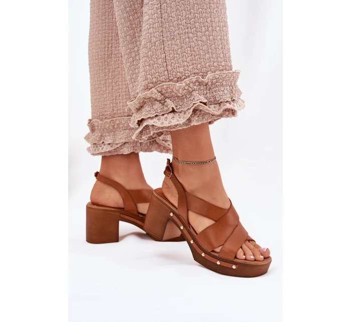 Skórzane Sandały Na Słupku Zazoo 1081 Brązowe