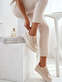 Kožené dámské tenisky na platformě s přezkou model 22073025 Béžové - VINCEZA