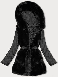 Černá bunda z ekologické kůže s kožešinovým panelem J Style (11Z8090)