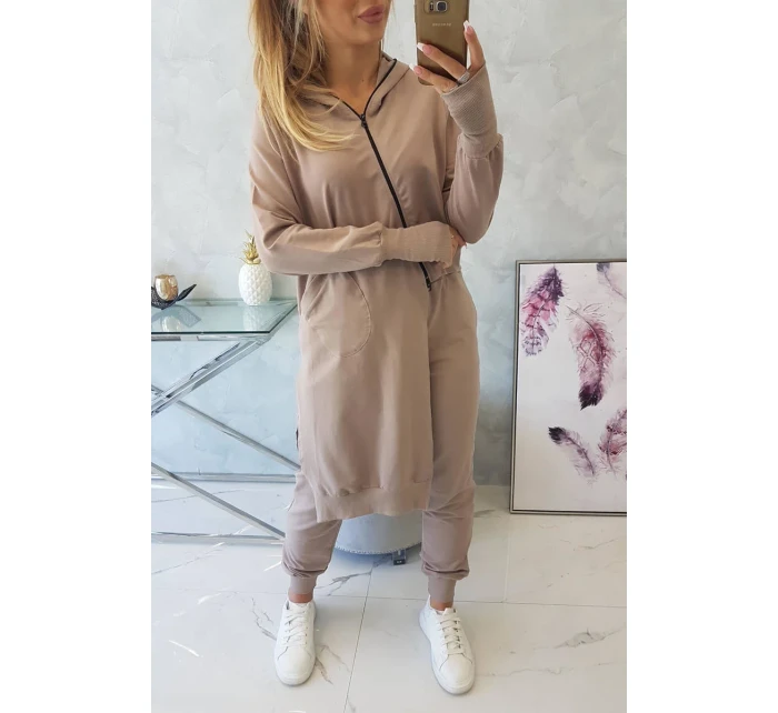 Mikinová súprava s dlhšou stranou tmavo béžová