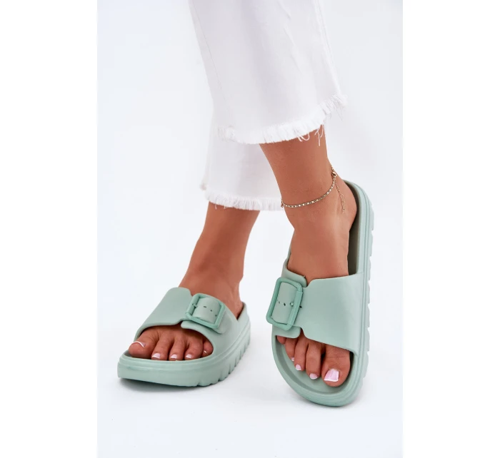 Klapki Damskie Piankowe Na Platformie Z Klamrą Zielone Viasara