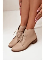 Zazoo 2964 Skórzane Botki Na Płaskim Obcasie Beżowe