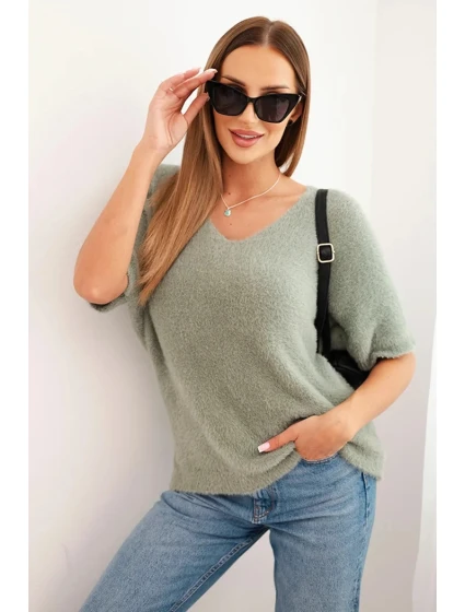 Dámský svetr z měkkého model 21327524 s výstřihem do V krátký rukáv tmavě mátový - K-Fashion