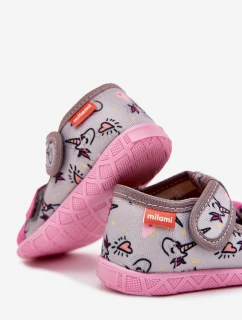 Detské papuče na suchý zips - sivo-ružové Reathiana (s motívom jednorožca)