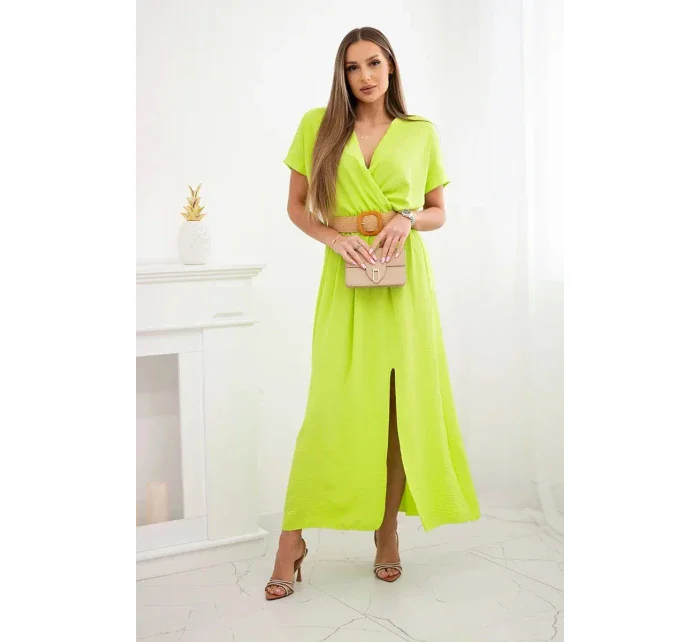 Dlhé šaty s ozdobným pásom neónovo zelenej farby