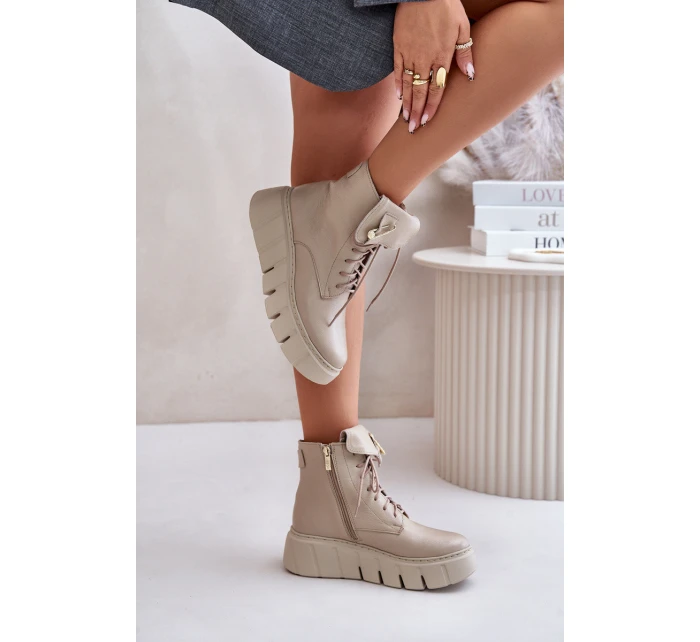 Zazoo 60511 Skórzane Botki Damskie Na Platformie Ocieplane Beżowe Zazoo 60511 Skórzane Botki Damskie Na Platformie Ocieplane Beżowe