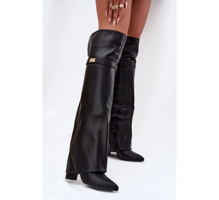 Ocieplane Kozaki Z Wywiniętą Cholewką Za Kolano Obcas Słupek Czarne Serelle