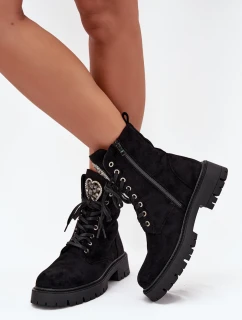 Dámske zateplené pracovné čižmy z eko semišu so šperkom - čierne Miryssa