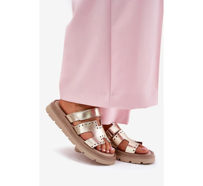 Klapki Damskie Z Naturalnej Skóry Na Platformie Zazoo 40440 Złote