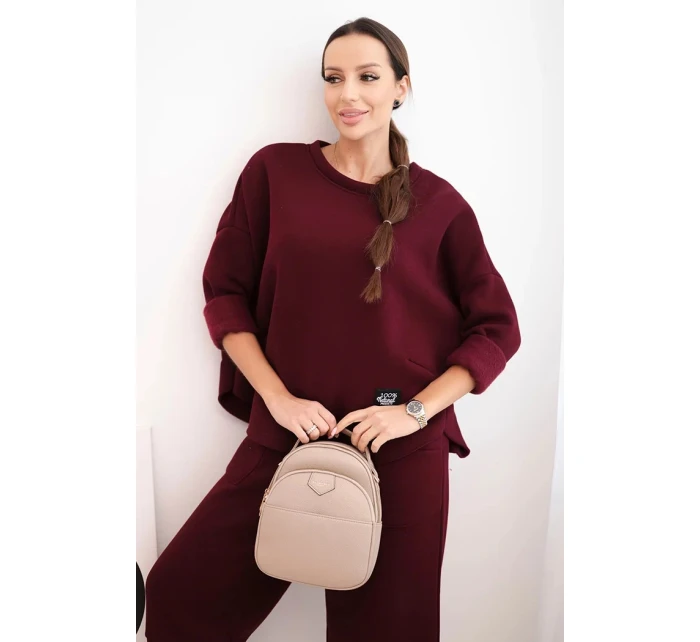 Dámska tepláková súprava z hrubšieho materiálu so širokými nohavicami bordová Dámska tepláková súprava z hrubšieho materiálu so širokými nohavicami bordová