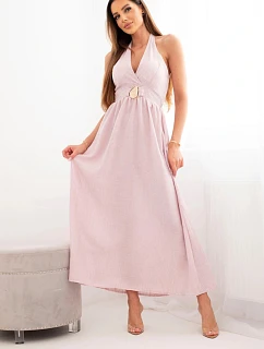 Dámské viskózové maxi šaty vázané na krku s ozdobnou sponou tmavě pudrově růžová