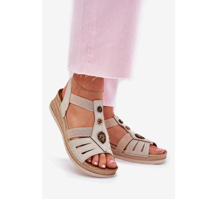 Sandały Damskie Na Koturnie Z Ozdobami Inblu RV000015 Jasnobeżowe