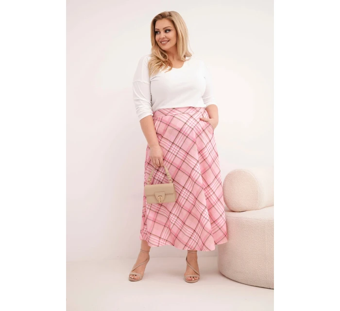 Dámská sukně Plus Size kostkovaná s širokým lemem světle růžová