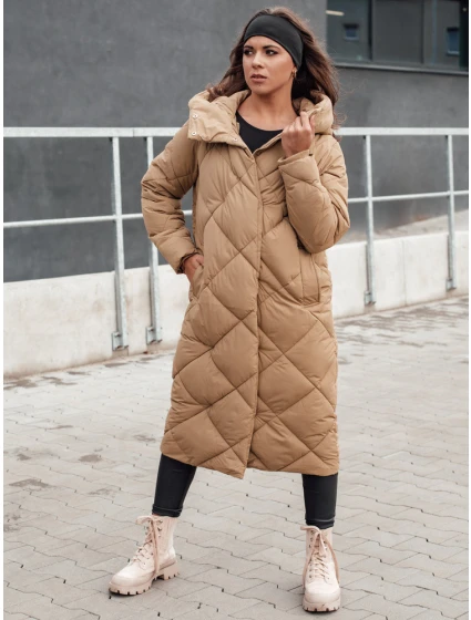 Dámsky dlhý prešívaný kabát FEMACOAT s kapucňou, béžový, FashionStreet TY4592