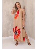 Viskózové šaty viazané okolo krku camel