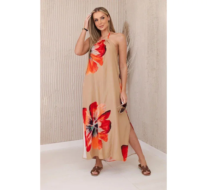 Viskózové šaty viazané okolo krku camel