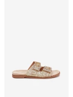 Lesklé zdobené pantofle s přezkami na plochém podpatku zlaté model 21705541 - Boto Lesklé zdobené pantofle s přezkami na plochém podpatku zlaté model 21705541 - Boto