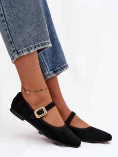 Dámske baleríny z eko semišu s opaskom a zlatou prackou Adelora - čierne