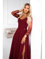 LORETTA dlouhé šaty s rukávy a výstřihem vínové model 21791769 - numoco