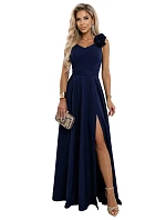 model 22043331 Elegantní večerní maxi šaty s rozparkem a růžemi tmavě modré - numoco