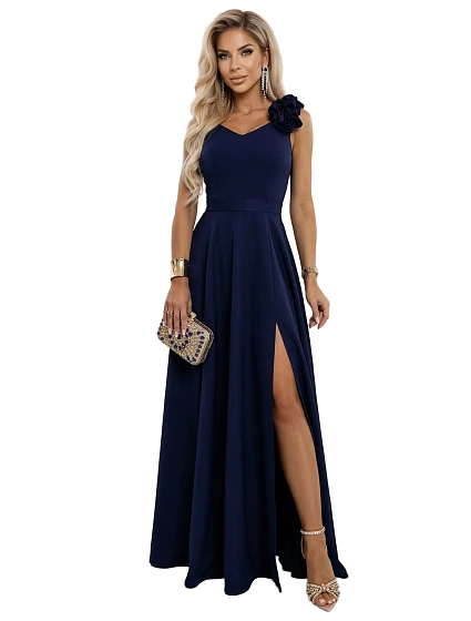 model 22043331 Elegantní večerní maxi šaty s rozparkem a růžemi tmavě modré - numoco