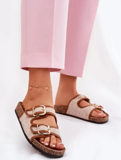 Materiałowe Klapki Damskie Na Korkowej Platformie Z Klamrami Camel Osoffe