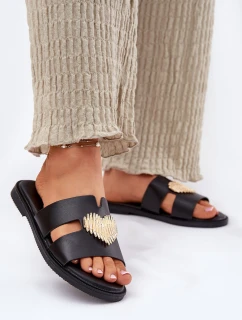 Dámské Pantofle Na Plochém Podpatku Se Zlatou Dekorací Černé model 21697087 - EVENTO