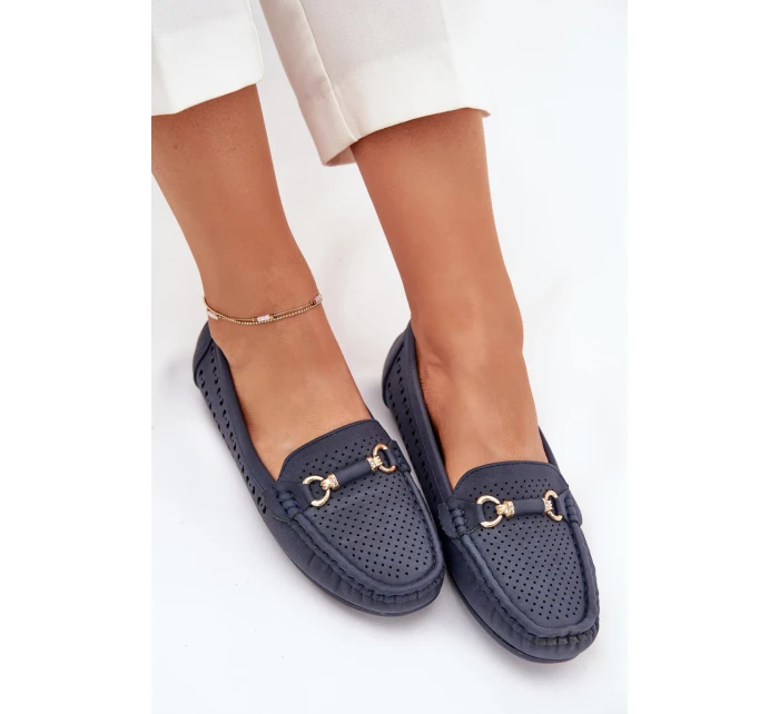 Mokasyny Damskie Ażurowe Z Ozdobą Granatowe Kaydance