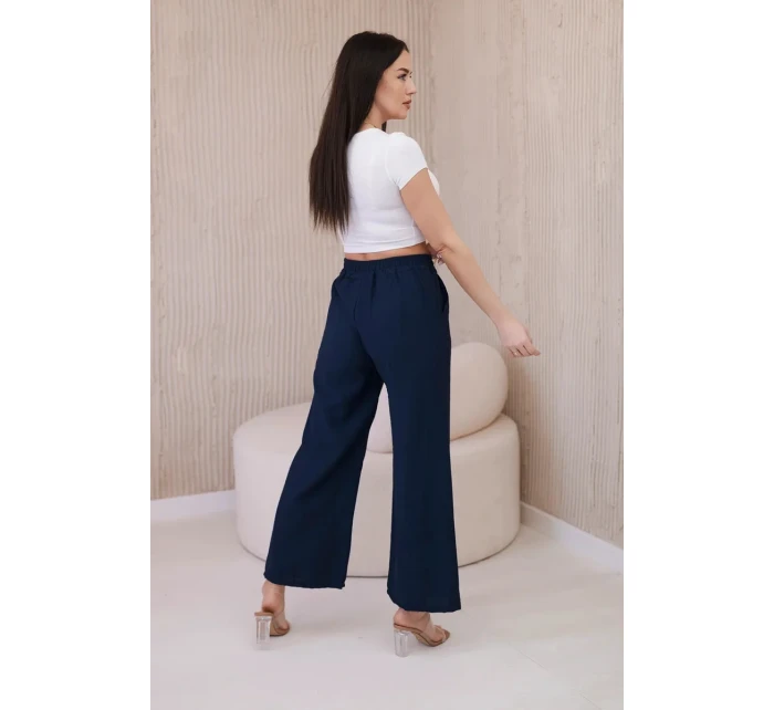 Viskózové nohavice so širokými nohavicami námornícka modrá