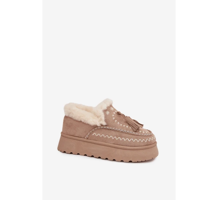 Dámské sněhule na platformě s kožíškem a třásněmi béžové model 21744639 - Boto Dámské sněhule na platformě s kožíškem a třásněmi béžové model 21744639 - Boto