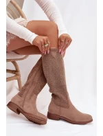 Dámské kozačky s krajkovým vzorem na plochém podpatku model 21998027 Béžové - S.Barski