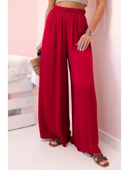 Dámske široké viskózové nohavice s elastickým pásom bordovej farby