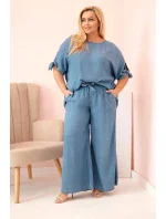 Plus size set z materiálu tencel, blúzka s viazankou a široké džínsové nohavice