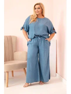 Plus size set z materiálu tencel, blúzka s viazankou a široké džínsové nohavice