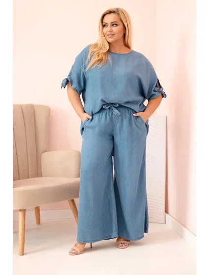 Plus size set z materiálu tencel, blúzka s viazankou a široké džínsové nohavice